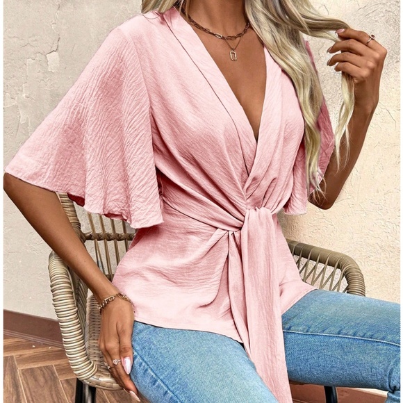 Classic Pink V neck Batwing Sleeve Front Tie Blouse - Picture 3 of 6